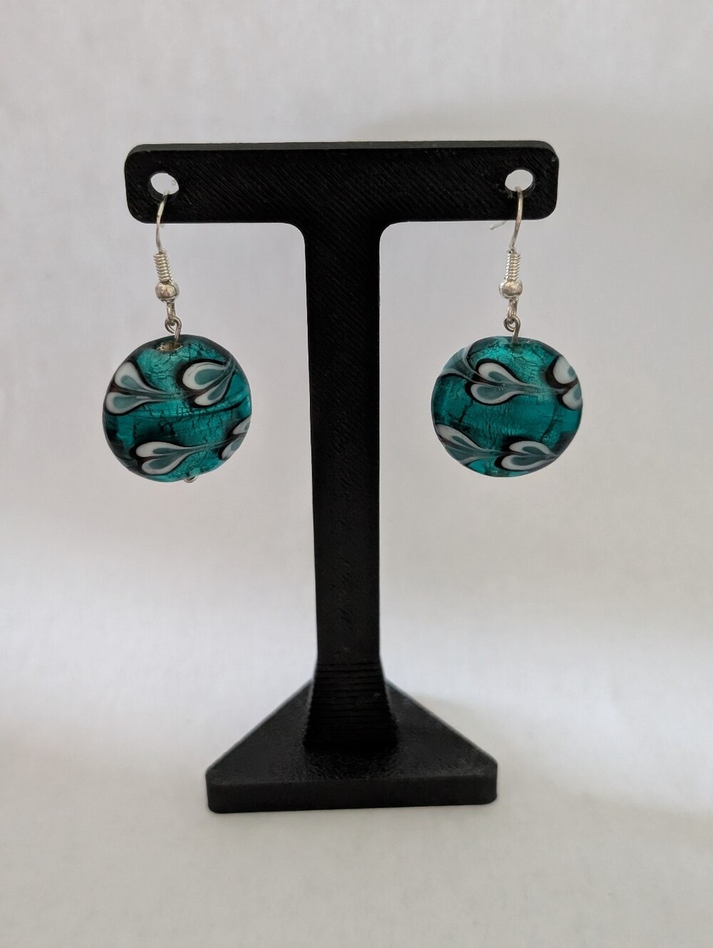 Handmade Teal Art Glass Earrings • 925 Sterling Silver Hooks